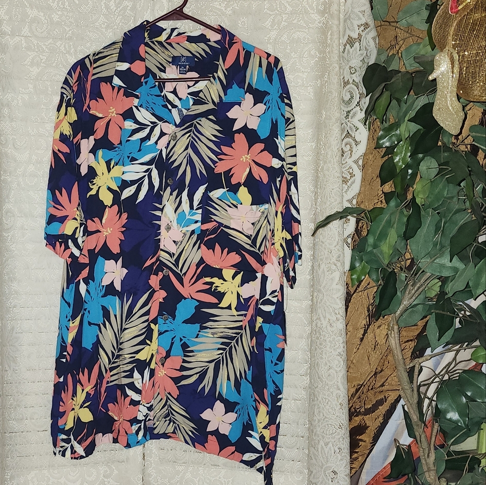 George Blue and Pink Casual Button Down Shirt with Tropical Print